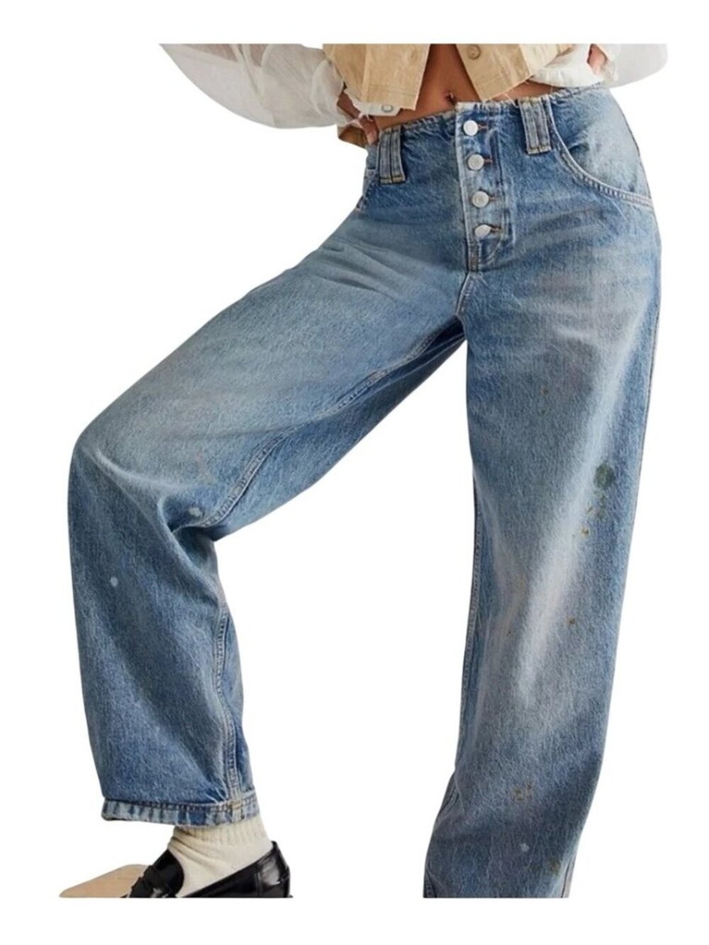 We The Free Maryel Mid-Rise Boyfriend Jeans Women Size 26 Blue Distressed Wide L
